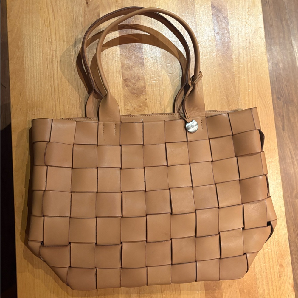 Skagen Tan Woven Leather Tote with Basket-Weave Design